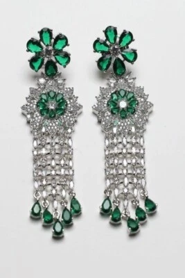 Simulated 26.85TCW Emerald & Sapphire Flower Design Drop Dangle Women Earrings - Image 1 of 4