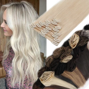 CLEARANCE Clip In 100% Real Remy Human Hair Extensions Full Head 12 14 16 18 20" - Picture 1 of 36