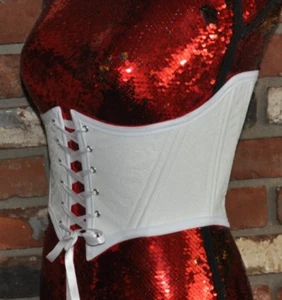 Back & Front Lace-up Corset Belt White Embossed Floral Faux Leather W/ Boning XS - Picture 1 of 7