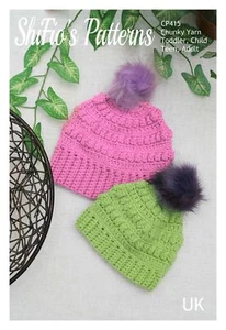 Crochet Pattern for Pompom Beanie, Messy Bun Hat Pattern, Chunky, 4 sizes CP415 - Picture 1 of 8