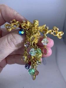 Spilla Oro Vintage Cherubini Strass Colorati Pendoli KIRKS FOLLY M-3324 - Foto 1 di 5
