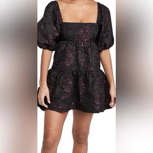 Vestido Babydoll Amanda Uprichard Maisie Manga Abullonada Niveles Palisandro Negro Rosa L - Imagen 1 de 6