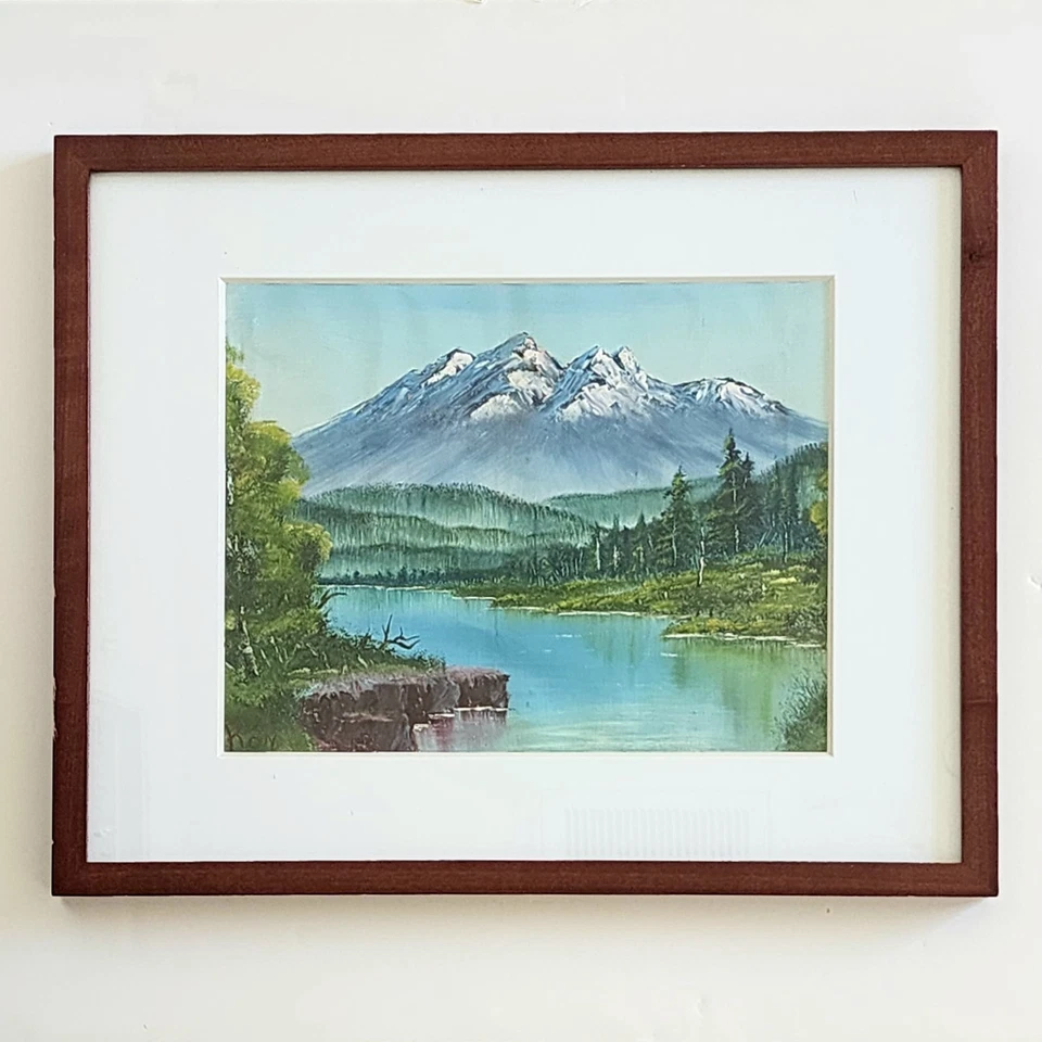 Original Oil Painting Mountain Lake Landscape Signed Framed Bob Ross Style Art - Image 1 of 4