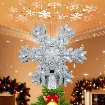 Christmas Tree Topper Lighted with LED Rotating Silver Snowflake Projector, 3D H - Image 1 of 4