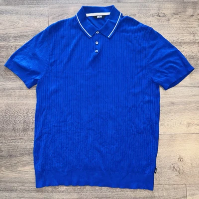 DKNY Men’s Ribbed Polo Shirt Sz M Johnny Collar Navy Blue Golf Preppy Sportswear - Image 1 of 4