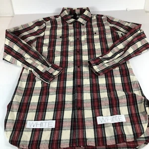 Off White Shirt Men's Small Long Red Plaid Flannel Button Up Long Sleeve Casual - Picture 1 of 12