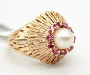 14K Yellow Gold Vintage Rubies & South Sea Pearl Cocktail Ring Size 6.25 - Picture 1 of 12