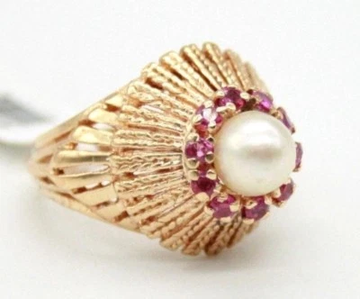 14K Yellow Gold Vintage Rubies & South Sea Pearl Cocktail Ring Size 6.25 - Image 1 of 4