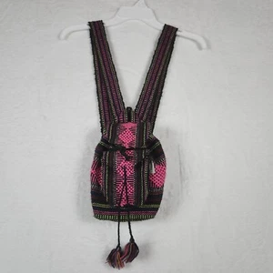 Lillo Artisan Ethnic Drawstring Backpack Blanket Bag Purse Pink/Black - Picture 1 of 8
