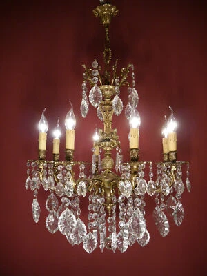ANTIGUA LÁMPARA BARROCA ANTIGUA RARA LÁMPARA DE LATÓN CRISTAL 8 LUCES FRANCESA Ø29" Foto 1 de 4