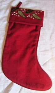 Vintage Red Wool Large Christmas Stocking Applique Embroidered 18 3/4" long - Picture 1 of 7