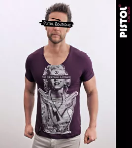 Pistol Boutique Men's Fitted Wine MONROE SKULL TATTOO Scoop Neck T-shirt - SALE - Picture 1 of 12