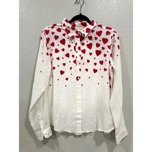 Lucky Brand Women's White Red Hearts Long Sleeve Button Down Shirt Size Small - Picture 1 of 6