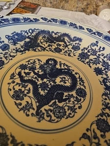 Antikes sehr seltenes Qianlong Reign gemarkt brillant blau weißer Drache Herzstück / - Bild 1 von 10