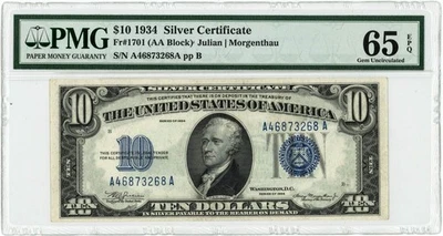 FR.1701 $10 1934 Silver Certificate Gem Unc 65 EPQ PMG 950682-5 - Image 1 of 3