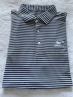Mizuno - Polo de golf de manga corta a rayas azules XL para hombre con logotipo blanco nítido Foto 1 de 4