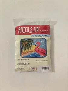 Alice Peterson Stitch & Zip Needlepoint Coin Purse Credit Card SZ208 Flamingo - Picture 1 of 6