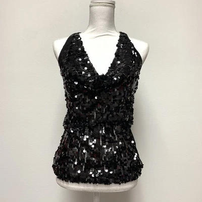Y2K Vintage Forever 21 Draped Cowl Neck Sequin Top Medium Black Glam Goth Witchy - Image 1 of 4