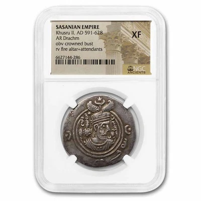 Imperio Sasánida AR Dracma Rey Khusru II (591-628 AD) XF NGC Foto 1 de 3
