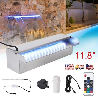 11.8" Pool Fountain Stainless Steel Pool Waterfall Spillway 9 Colors Remote LED - Image 1 of 4