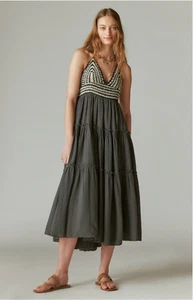NWT Lucky Brand Maxi Dress Cotton Crochet-Trim Halter Size XS Charcoal Gray - Picture 1 of 7