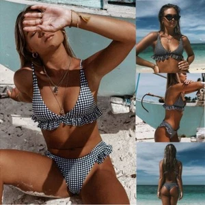 Plaid Sexy Women's Ruffle Estate Backless Bikini Costume Bathroom Dress - Picture 1 of 8