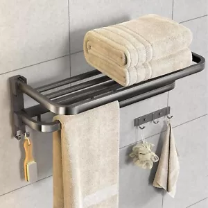 24" Towel Rack with Bar &7 Hooks, Foldable Wall-Mounted Rustproof TowelOrganizer - Picture 1 of 10