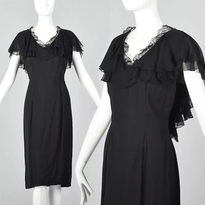 L 1950-х черный вискоза платье шелк оборки коктейльное вечеринки вечер LBD новый Pin Up 50-х - Изображение 1 из 4