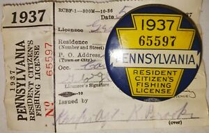 1937 Pennsylvania Fishing License both paper and pin!