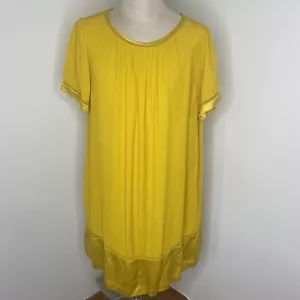 Anthropologie Maeve Dress L Yellow Gold A Line Short Sleeve Eylette Trim Pockets - Foto 1 di 7