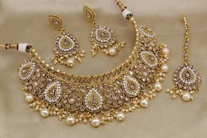 Elegante collar gargantilla chapado en oro indio Bollywood conjunto de joyas para mujer - Imagen 1 de 6