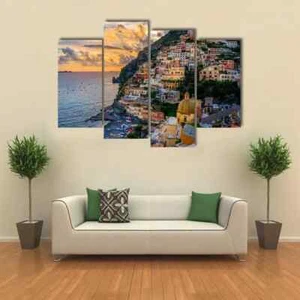 Positano Sunset At Amalfi Coast Sea View Italian 4 Piece Panel Canvas Wall Art - Picture 1 of 1