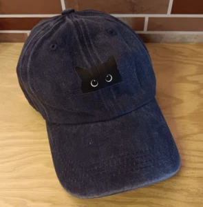 Navy Blue Baseball Cap New Black Cat Staring at You Adjustable Kitty Hat New - Picture 1 of 2