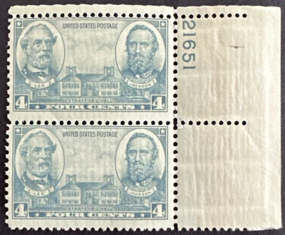 US 1937 Sc# 788 Plate block of 2  MNH OG  Army Robert E Lee & Stonewell Jackson - Image 1 of 2