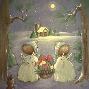 Vintage Weihnachtskarte UNBENUTZT Engel Nachthimmel Mond im Schnee zur Kirche mit Umschlag - Bild 1 von 4