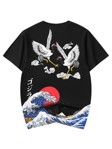 Niepce Men's Crane and Waves Graphic Tee Japanese Streetwear T-Shirt - Picture 1 of 26