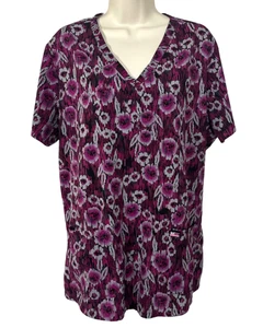 Koilite Women's Scrub Top Purple Floral Short Sleeve Pockets Stretch Size XL - Picture 1 of 7