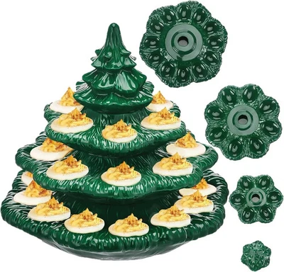 4 Tier Christmas Tree Shape Deviled Egg Platters Trays Holds 26 Holes Stackable - Image 1 of 4
