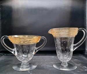 HC Fry Gold Thread Bullicante Controlled Bubble Glass 1920s Sugar And Creamer - Picture 1 of 15