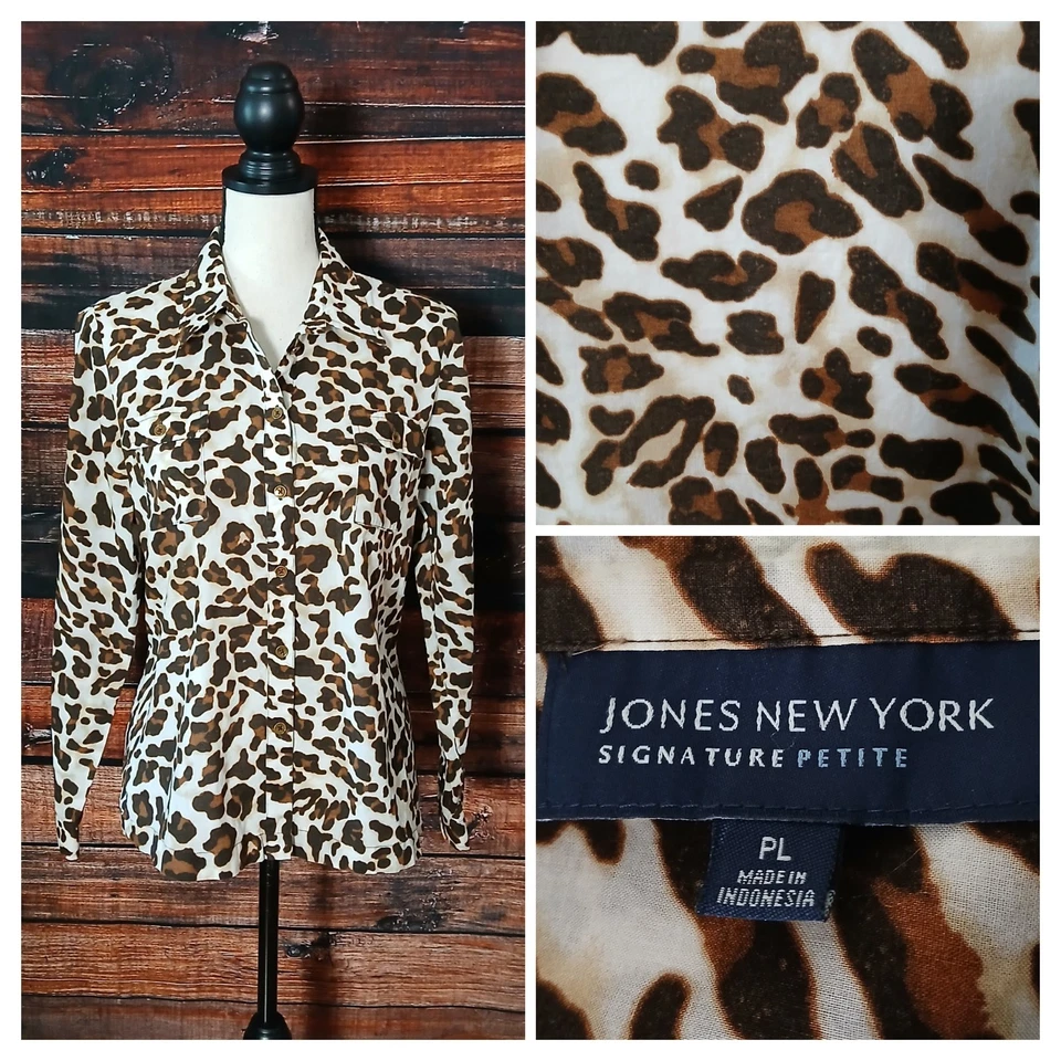 Jones New York Signature Blouse Large Petite PL Cotton Leopard Button Up Top - Image 1 of 4