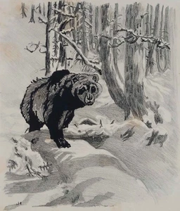 Bär im Winterwald, um 1920, Lithographie Realismus Tiere Unbekannt (20.Jhd) - Picture 1 of 4