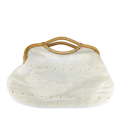 True Vintage Eyelet Straw Handle Kiss Lock Clutch Handbag Cream - Image 1 of 4