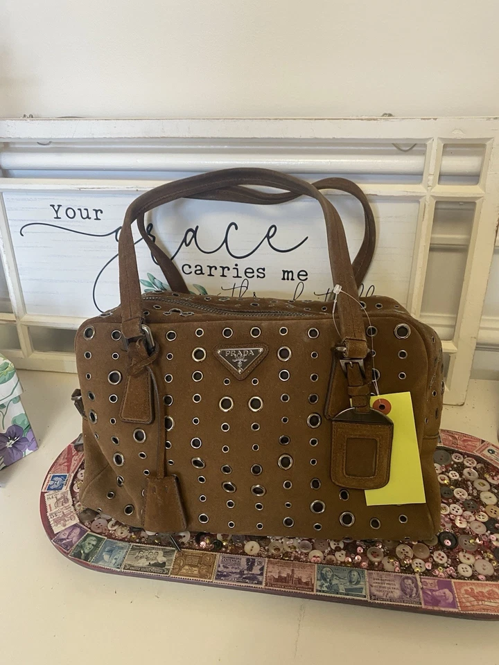 Cartera mediana PRADA Vintage RARA Cuero Gamuza Marrón Muy Buen Estado Italia Foto 1 de 4