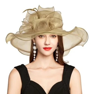 Sombrero Derby Kentucky 2025 para mujer dama, pluma velo organza 4570-caqui Foto 1 de 4