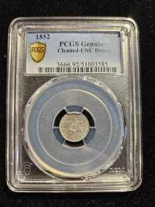1852 Silver Three Cent Piece 3CS PCGS graded Cleaned - UNC detail - Picture 1 of 5