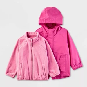 NEW Toddler Girls 18 month Cat & Jack Toddler 3-in-1 Pink Colorblock Rain Jacket - Picture 1 of 5