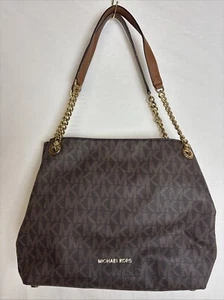 Bolso de Hombro MK Michael Kors Marrón Firma Cuero Cartera Cadena Dorada Correa de Eslabones - Imagen 1 de 10