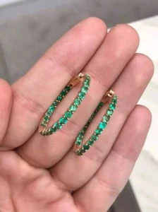 14K Rose Gold Plated 2CT Round Cut Lab Created Green Emerald Women Hoop Earrings - Picture 1 of 4