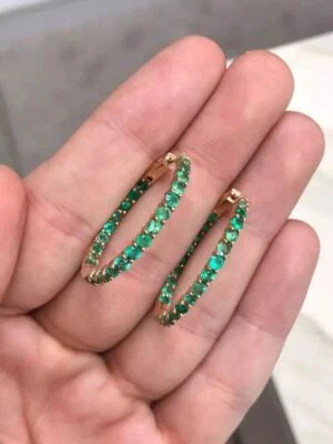 14K Rose Gold Plated 2CT Round Cut Lab Created Green Emerald Women Hoop Earrings - Image 1 of 4
