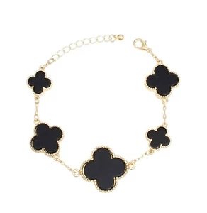 Gold Plated Black Resin Clovers Station Fashion Bracelets 7+1 Inch - Picture 1 of 4